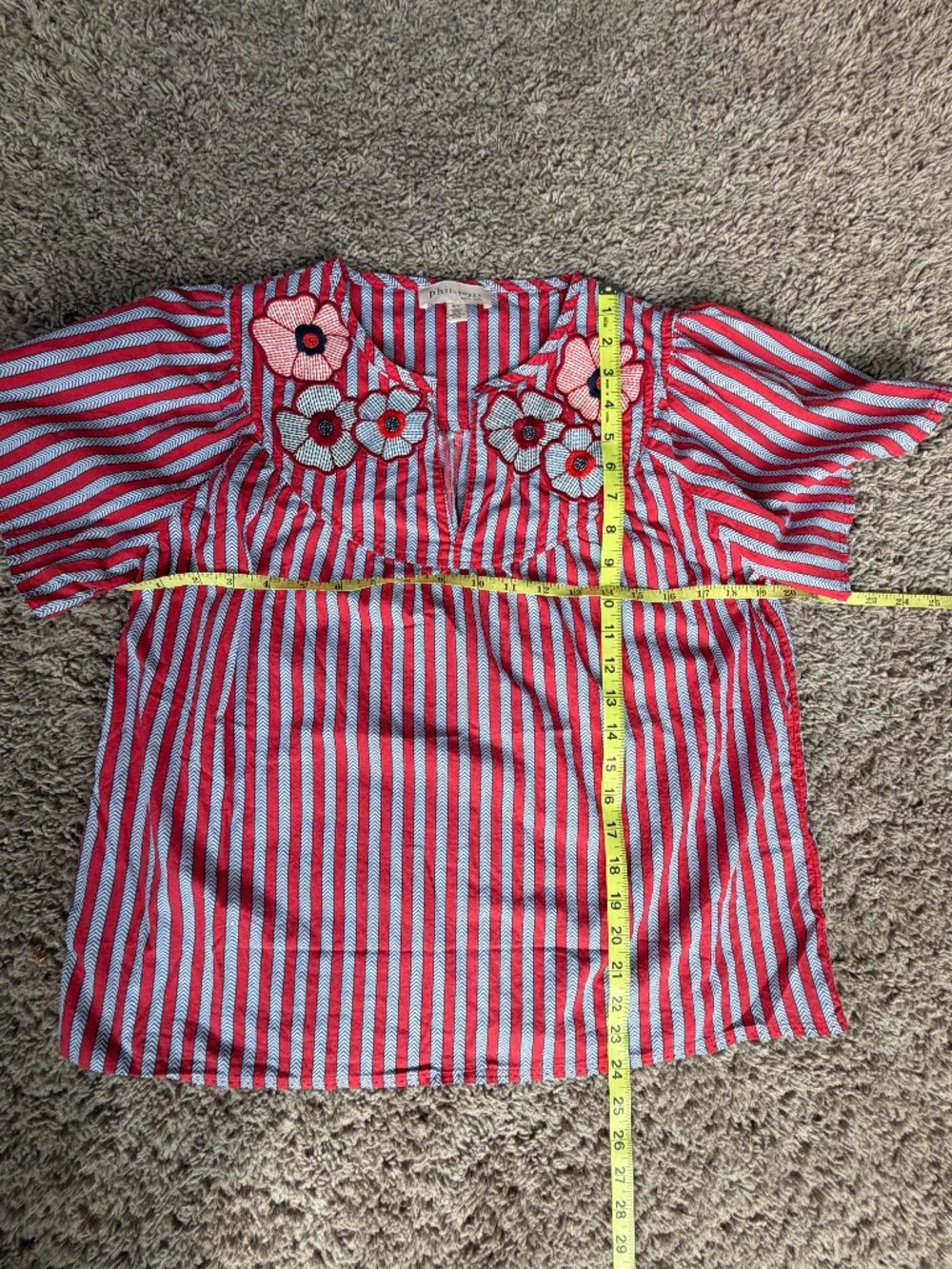 NWOT Philosophy Red Blue Striped Beaded Floral Embroidered Top S